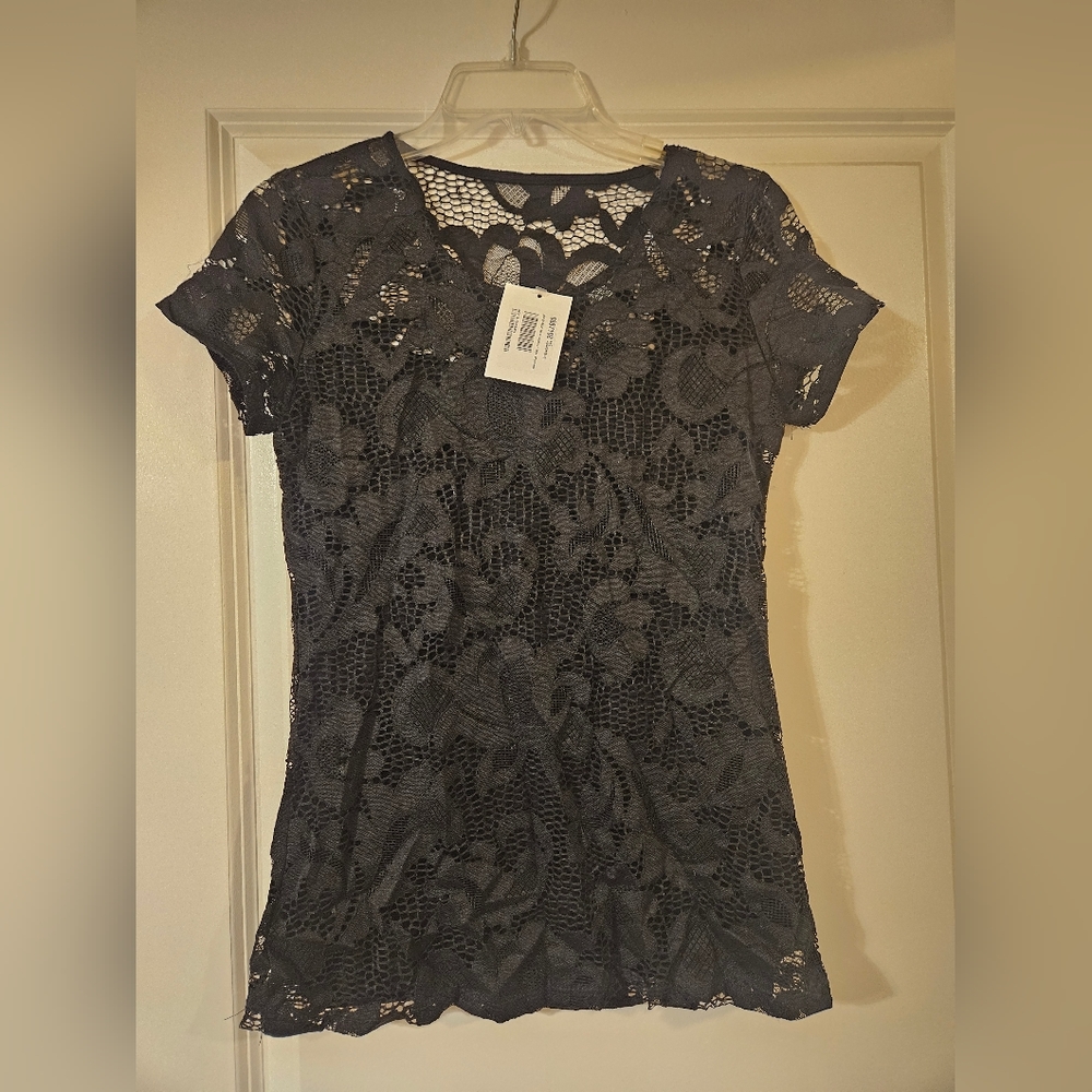 Black Lace Top With Attached Camisole, INC Concepts, XS, NWT